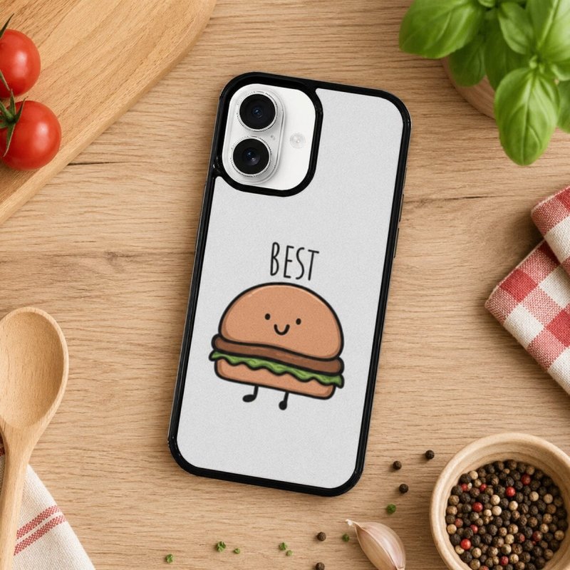Phone case with a cartoon hamburger