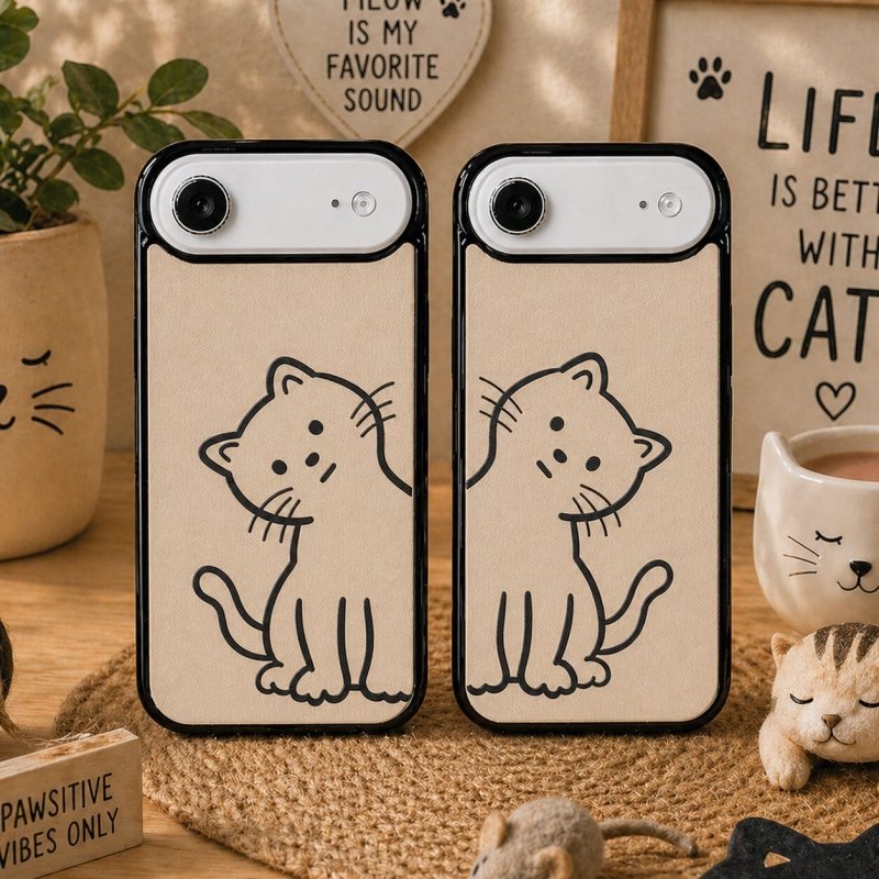 Two beige phone cases with cat design on a wooden surface