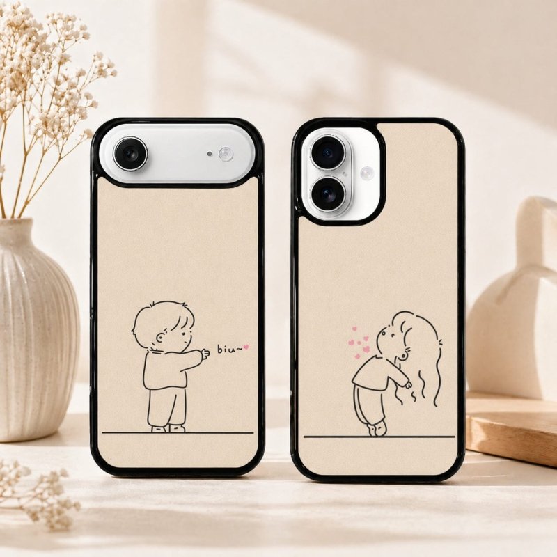 Two beige phone cases with line art designs of a boy and girl