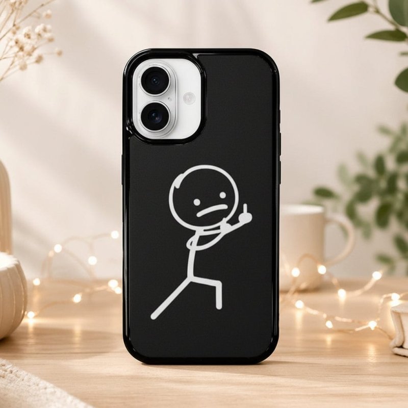 Black phone case with a white stick figure design