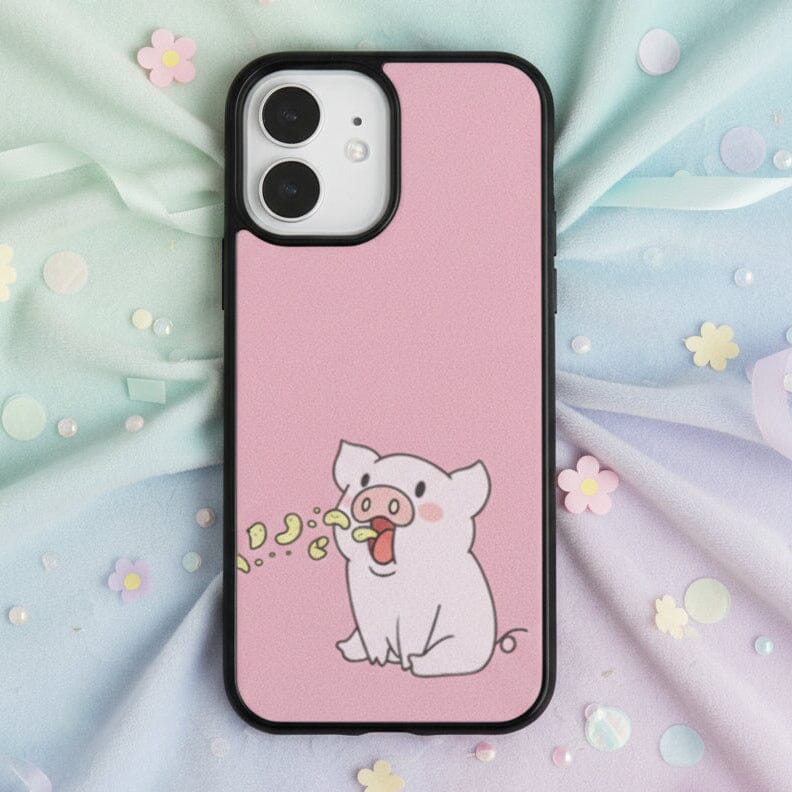 Pink iPhone case with a cartoon pig design