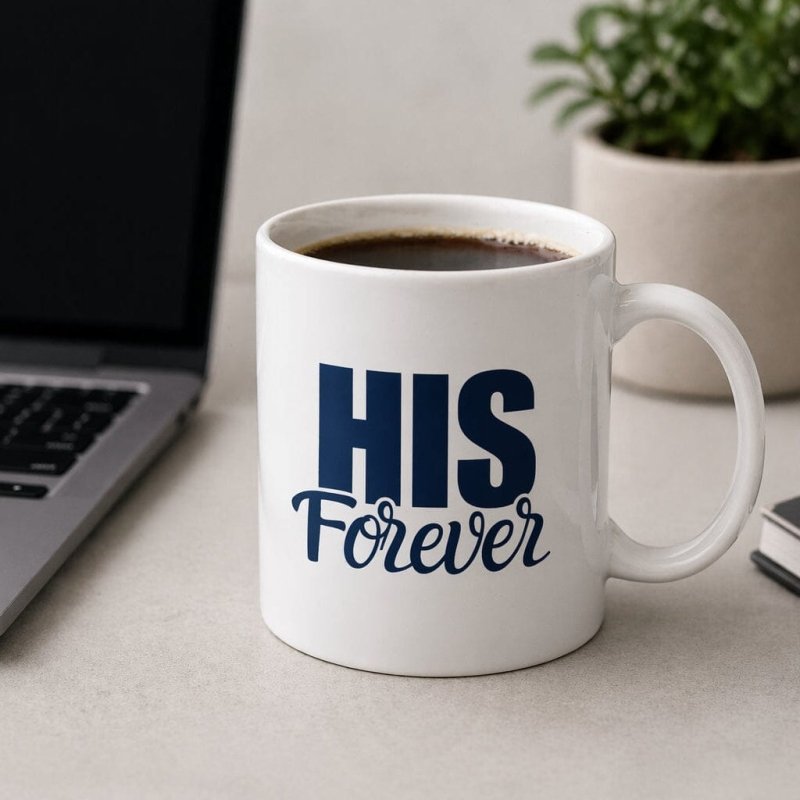White mug with 'HIS Forever' text
