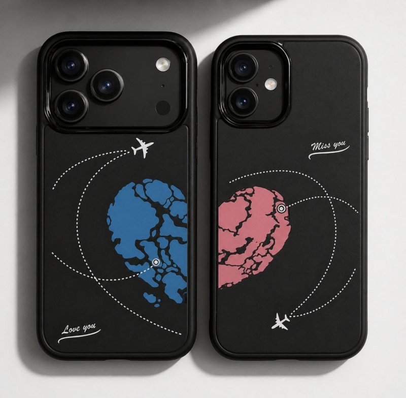 Two black phone cases with heart and map designs