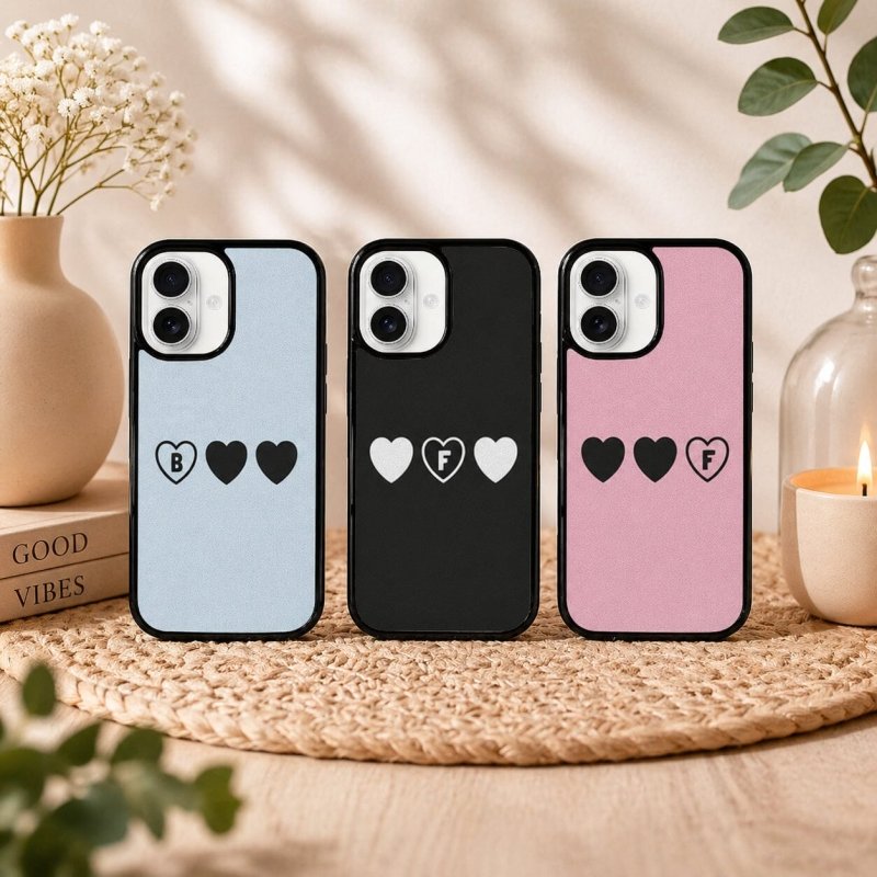 Three phone cases with heart and BFF letters